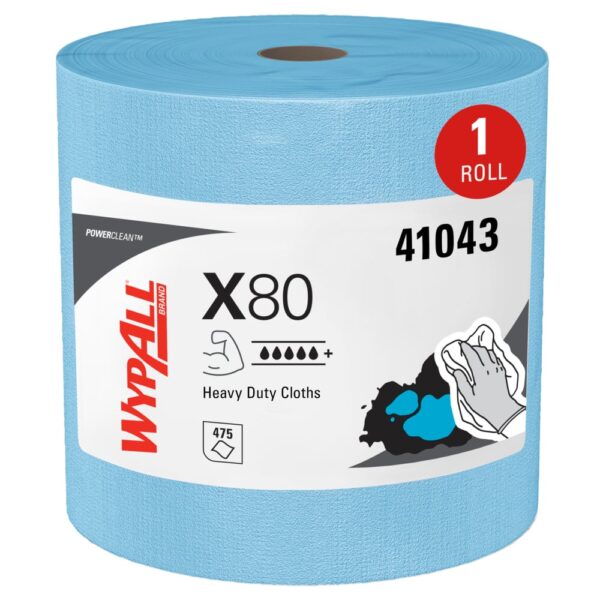 WypAll® PowerClean™ X80 Heavy Duty Cloths (41043), Jumbo Roll, Extended Use Towels, Blue (475 Sheets/Roll, 1 Roll/Case, 475 Sheets/Case)