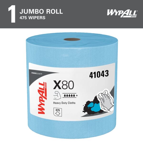 WypAll® PowerClean™ X80 Heavy Duty Cloths (41043), Jumbo Roll, Extended Use Towels, Blue (475 Sheets/Roll, 1 Roll/Case, 475 Sheets/Case) - Image 2