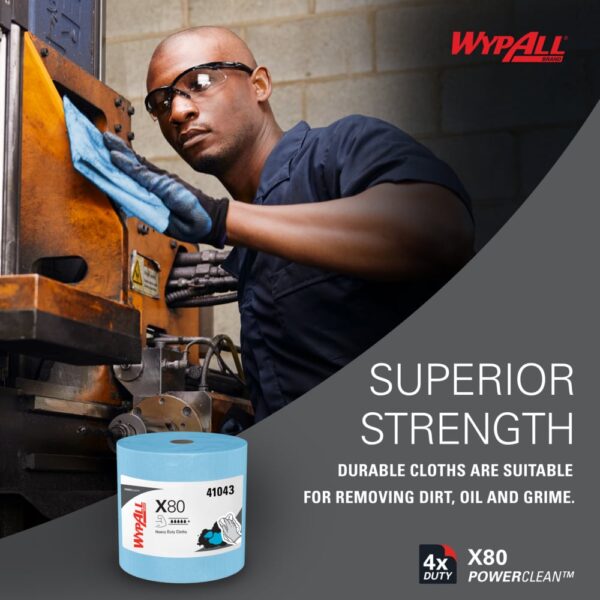 WypAll® PowerClean™ X80 Heavy Duty Cloths (41043), Jumbo Roll, Extended Use Towels, Blue (475 Sheets/Roll, 1 Roll/Case, 475 Sheets/Case) - Image 6